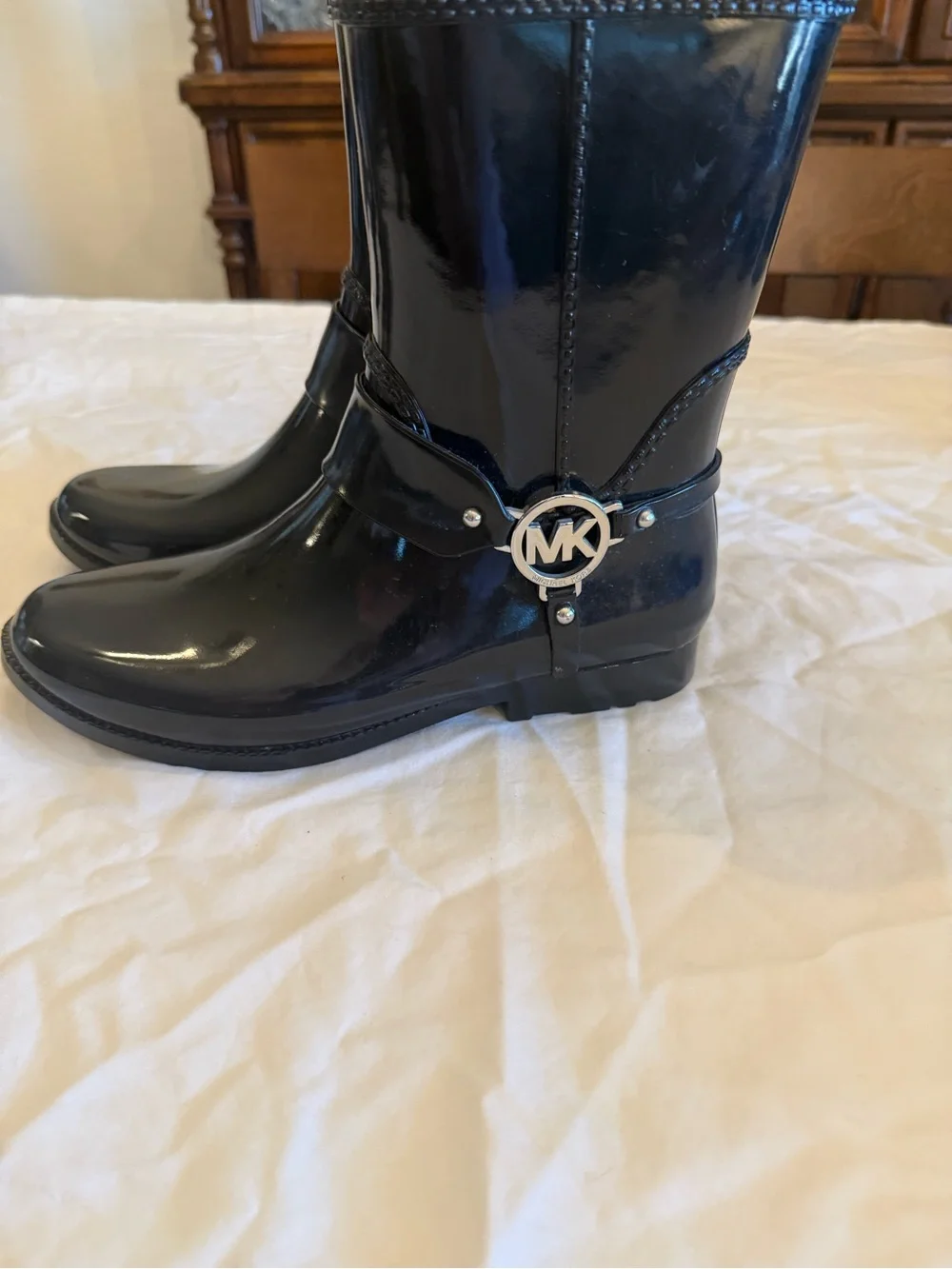Michael Kors Glossy Black Mid-Calf Rain Boots with MK Detail